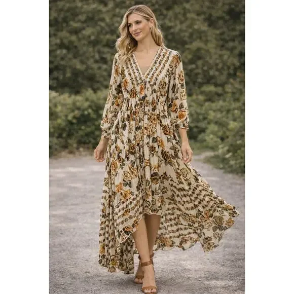 Free People Boho Floral Maxi Dress XS Prairie Style Flowy - Picture 1 of 5